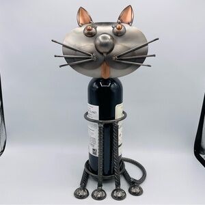 Wine Bottle Holder Display Welded Metal Art Sculpture Kitty Cat Napa Valley VTG